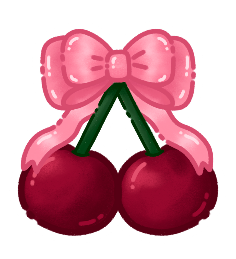 Two cherries with a pink bow on a white background